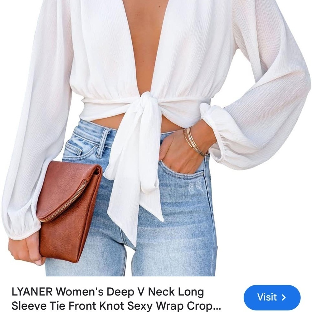 Lyansr Long Sleeve deep V Semi Sheer Tie Front Crop top wrap NWOT SZ M - Picture 2 of 5